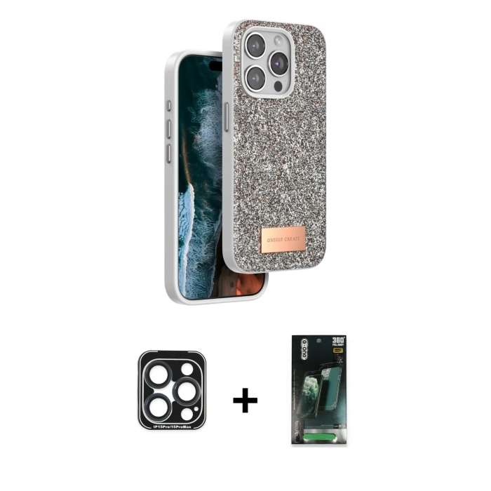 MARSİLYAN™- iPhone 15 Pro Max Kılıf Vadi Klasik Serisi - Şeffaf 360 Full Body Arka Koruyucu + PVD Metal Kamera Lens - LT