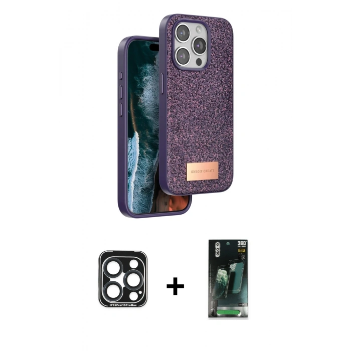 MARSİLYAN™- iPhone 15 Pro Max Kılıf Vadi Klasik Serisi - Şeffaf 360 Full Body Arka Koruyucu + PVD Metal Kamera Lens - LT