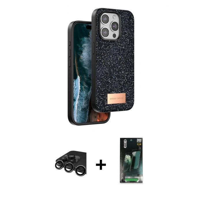 MARSİLYAN™- iPhone 15 Pro Max Kılıf Vadi Klasik Serisi - Şeffaf 360 Full Body Arka Koruyucu + Raze Metal Kamera Lens - TMGI