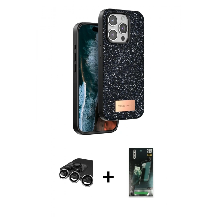 MARSİLYAN™- iPhone 15 Pro Max Kılıf Vadi Klasik Serisi - Şeffaf 360 Full Body Arka Koruyucu + Raze Metal Kamera Lens - GS