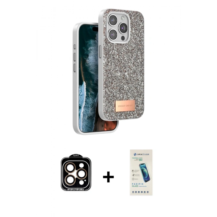MARSİLYAN™- iPhone 15 Pro Max Kılıf Vadi Klasik Serisi - Şeffaf Pasifik Cam Ekran Koruyucu + PVD Metal Kamera Lens - TU