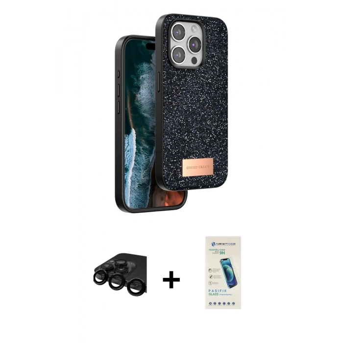 MARSİLYAN™- iPhone 15 Pro Max Kılıf Vadi Klasik Serisi - Şeffaf Pasifik Cam Ekran Koruyucu + Raze Metal Kamera Lens - SH
