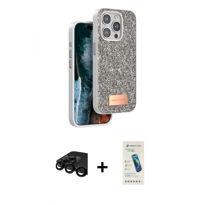 MARSİLYAN™- iPhone 15 Pro Max Kılıf Vadi Klasik Serisi - Şeffaf Pasifik Cam Ekran Koruyucu + Raze Metal Kamera Lens - SH