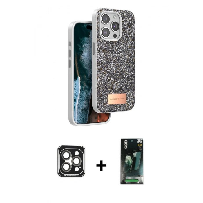 MARSİLYAN™- iPhone 15 Pro Max Kılıf Vadi Klasik Serisi - Siyah 360 Mat Full Body Arka Koruyucu + PVD Metal Kamera Lens - GI