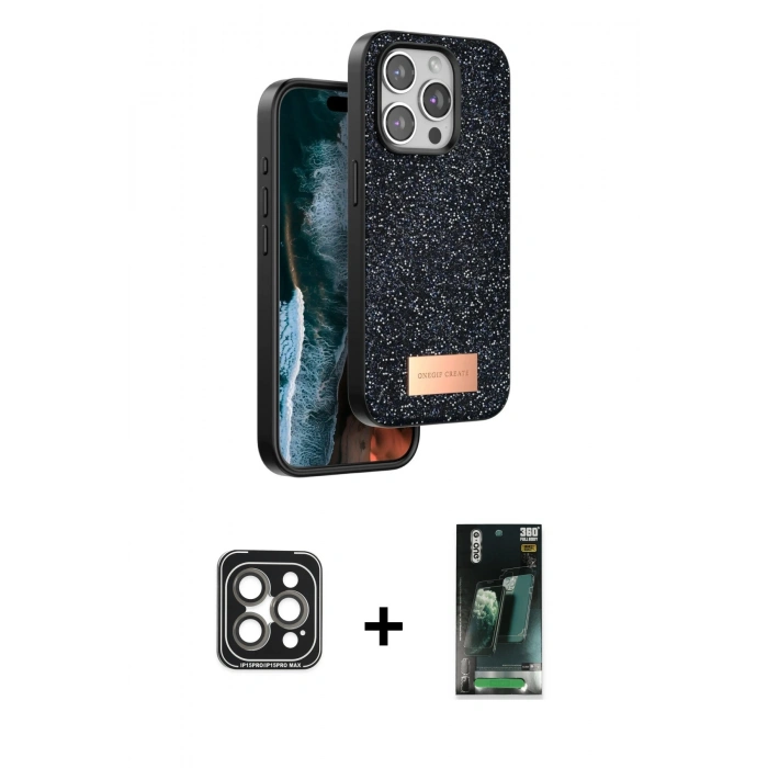 MARSİLYAN™- iPhone 15 Pro Max Kılıf Vadi Klasik Serisi - Siyah 360 Mat Full Body Arka Koruyucu + PVD Metal Kamera Lens - GI