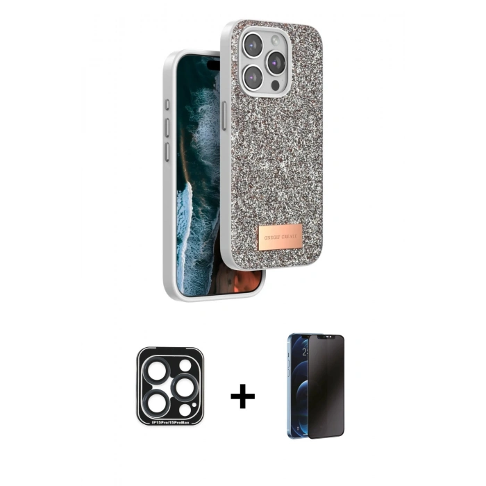 MARSİLYAN™- iPhone 15 Pro Max Kılıf Vadi Klasik Serisi - Siyah 3D Antistatik Hayalet Cam Ekran Koruyucu + PVD Metal Kamera Lens - LT