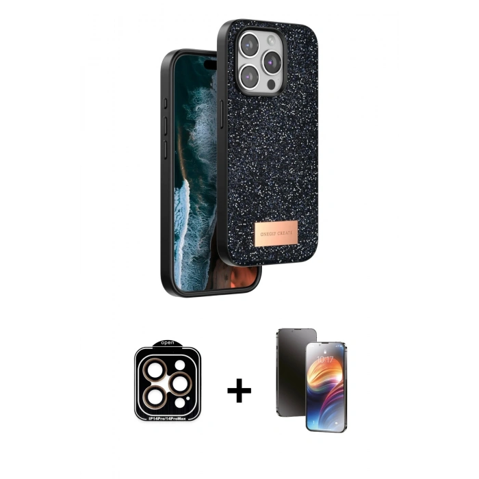 MARSİLYAN™- iPhone 15 Pro Max Kılıf Vadi Klasik Serisi - Siyah 3D Antistatik Mat Seramik Nano Ekran Koruyucu + PVD Metal Kamera Lens - TU