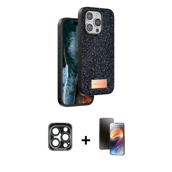 MARSİLYAN™- iPhone 15 Pro Max Kılıf Vadi Klasik Serisi - Siyah 3D Antistatik Mat Seramik Nano Ekran Koruyucu + PVD Metal Kamera Lens - LT