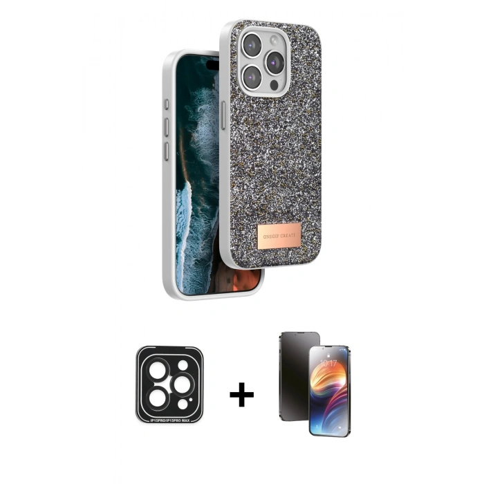 MARSİLYAN™- iPhone 15 Pro Max Kılıf Vadi Klasik Serisi - Siyah 3D Antistatik Mat Seramik Nano Ekran Koruyucu + PVD Metal Kamera Lens - SH