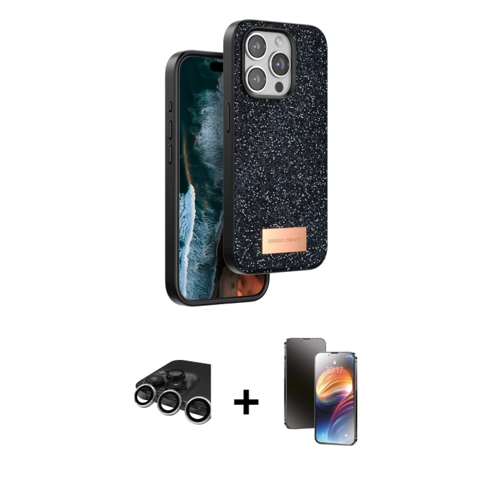 MARSİLYAN™- iPhone 15 Pro Max Kılıf Vadi Klasik Serisi - Siyah 3D Antistatik Mat Seramik Nano Ekran Koruyucu + Raze Metal Kamera Lens - GS
