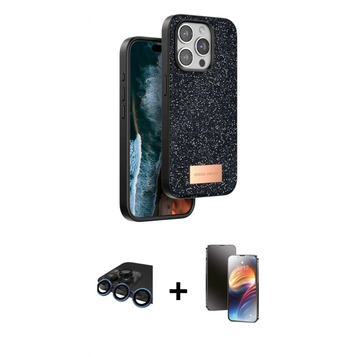 MARSİLYAN™- iPhone 15 Pro Max Kılıf Vadi Klasik Serisi - Siyah 3D Antistatik Mat Seramik Nano Ekran Koruyucu + Raze Metal Kamera Lens - LT