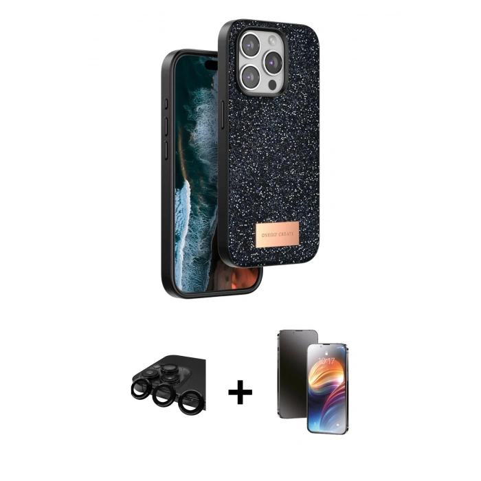 MARSİLYAN™- iPhone 15 Pro Max Kılıf Vadi Klasik Serisi - Siyah 3D Antistatik Mat Seramik Nano Ekran Koruyucu + Raze Metal Kamera Lens - SH