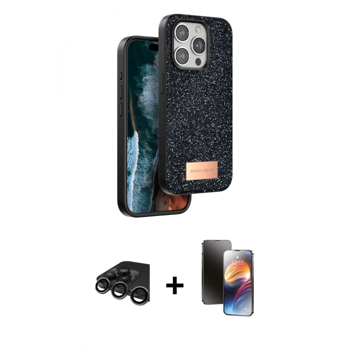 MARSİLYAN™- iPhone 15 Pro Max Kılıf Vadi Klasik Serisi - Siyah 3D Antistatik Mat Seramik Nano Ekran Koruyucu + Raze Metal Kamera Lens - TMGI