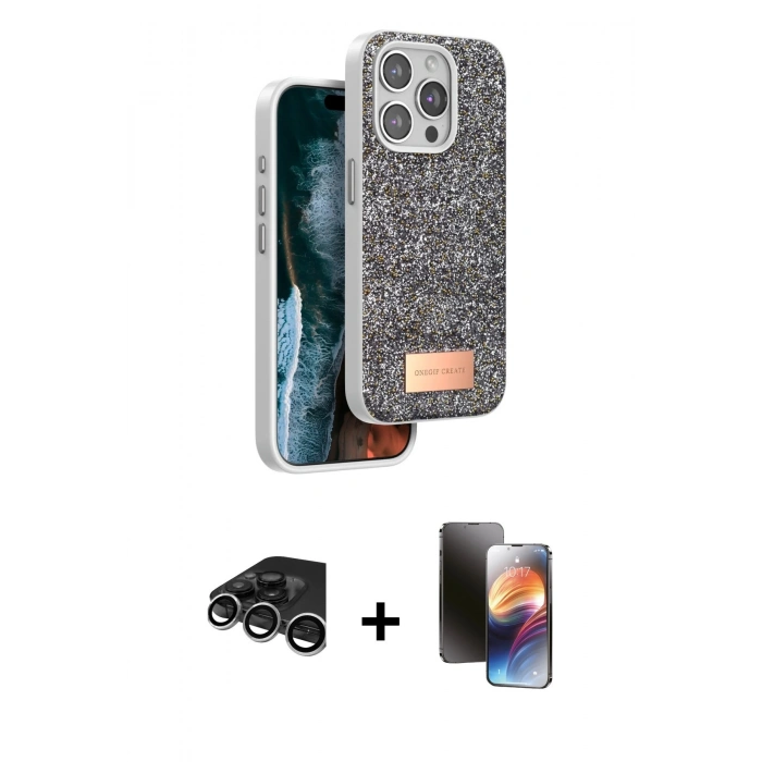 MARSİLYAN™- iPhone 15 Pro Max Kılıf Vadi Klasik Serisi - Siyah 3D Antistatik Mat Seramik Nano Ekran Koruyucu + Raze Metal Kamera Lens - GS