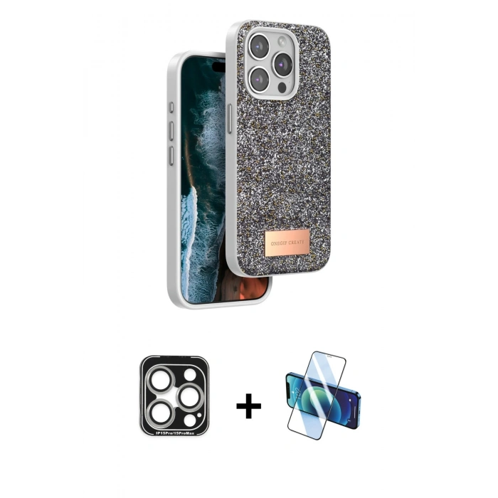 MARSİLYAN™- iPhone 15 Pro Max Kılıf Vadi Klasik Serisi - Siyah 3D Antistatik Seramik Nano Ekran Koruyucu + PVD Metal Kamera Lens - GS