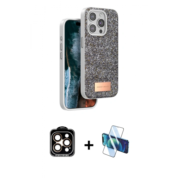 MARSİLYAN™- iPhone 15 Pro Max Kılıf Vadi Klasik Serisi - Siyah 3D Antistatik Seramik Nano Ekran Koruyucu + PVD Metal Kamera Lens - TU