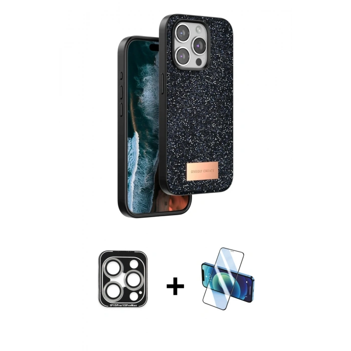 MARSİLYAN™- iPhone 15 Pro Max Kılıf Vadi Klasik Serisi - Siyah 3D Antistatik Seramik Nano Ekran Koruyucu + PVD Metal Kamera Lens - GS