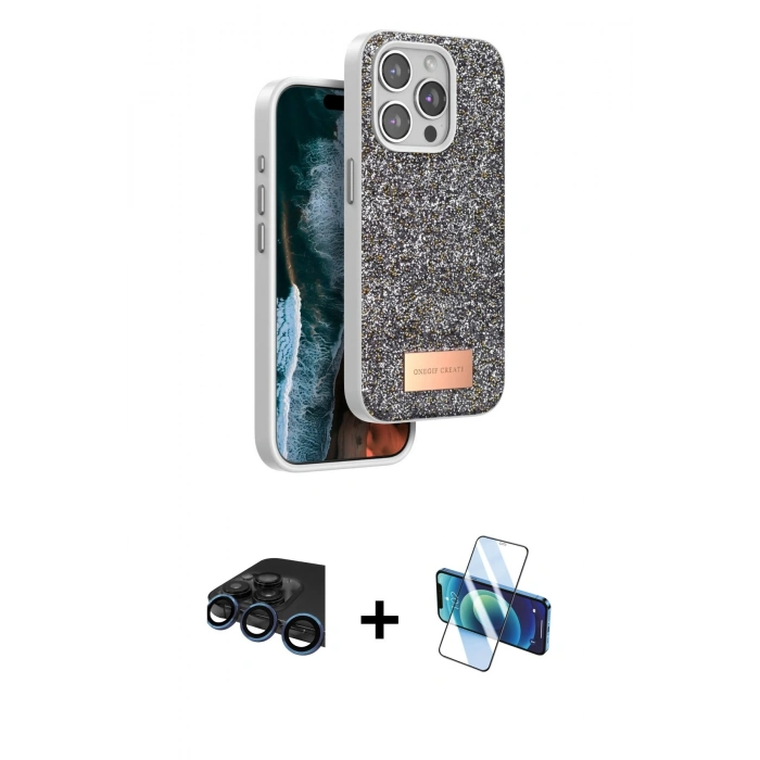 MARSİLYAN™- iPhone 15 Pro Max Kılıf Vadi Klasik Serisi - Siyah 3D Antistatik Seramik Nano Ekran Koruyucu + Raze Metal Kamera Lens - LT