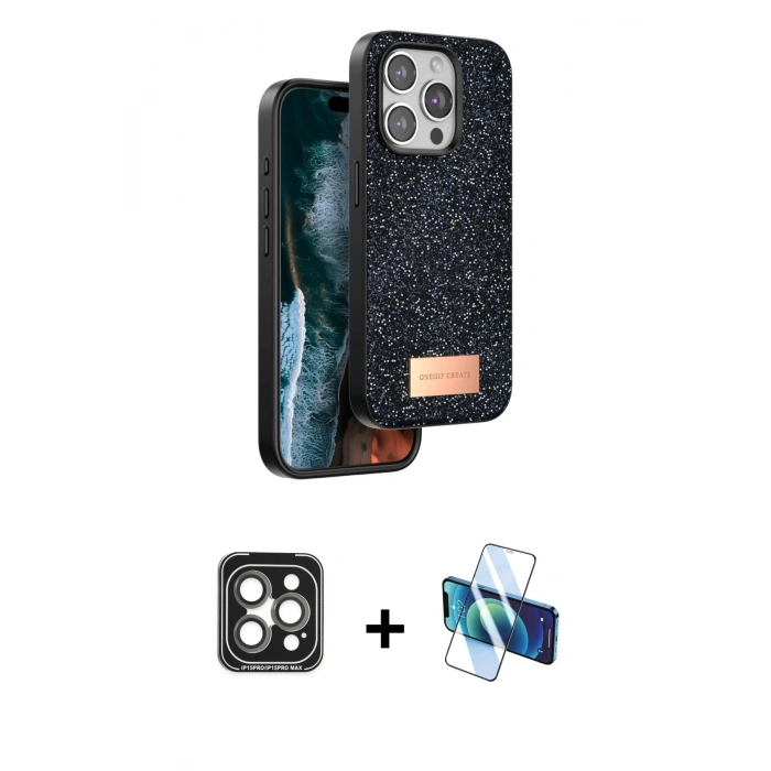 MARSİLYAN™- iPhone 15 Pro Max Kılıf Vadi Klasik Serisi - Siyah 3D Antistatik Seramik Nano Ekran Koruyucu + PVD Metal Kamera Lens - GI