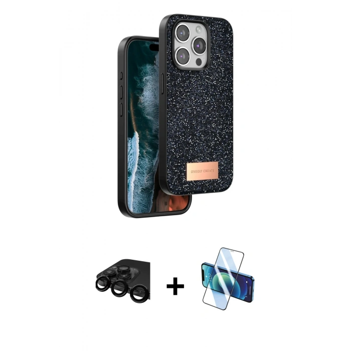 MARSİLYAN™- iPhone 15 Pro Max Kılıf Vadi Klasik Serisi - Siyah 3D Antistatik Seramik Nano Ekran Koruyucu + Raze Metal Kamera Lens - SH