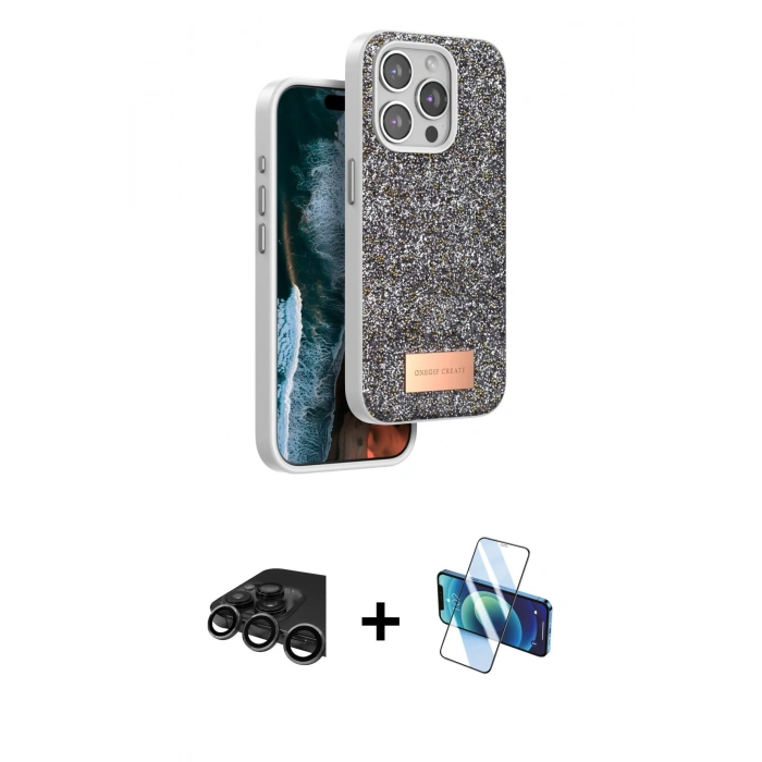 MARSİLYAN™- iPhone 15 Pro Max Kılıf Vadi Klasik Serisi - Siyah 3D Antistatik Seramik Nano Ekran Koruyucu + Raze Metal Kamera Lens - TMGI