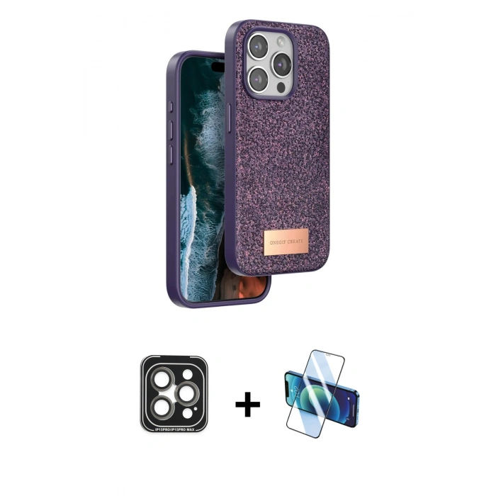 MARSİLYAN™- iPhone 15 Pro Max Kılıf Vadi Klasik Serisi - Siyah 3D Antistatik Seramik Nano Ekran Koruyucu + PVD Metal Kamera Lens - GI