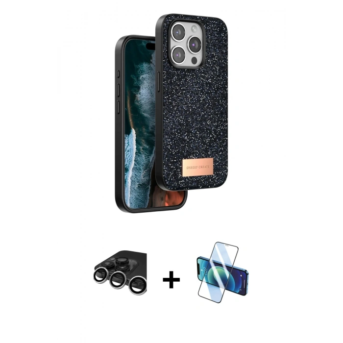 MARSİLYAN™- iPhone 15 Pro Max Kılıf Vadi Klasik Serisi - Siyah 3D Antistatik Seramik Nano Ekran Koruyucu + Raze Metal Kamera Lens - GS