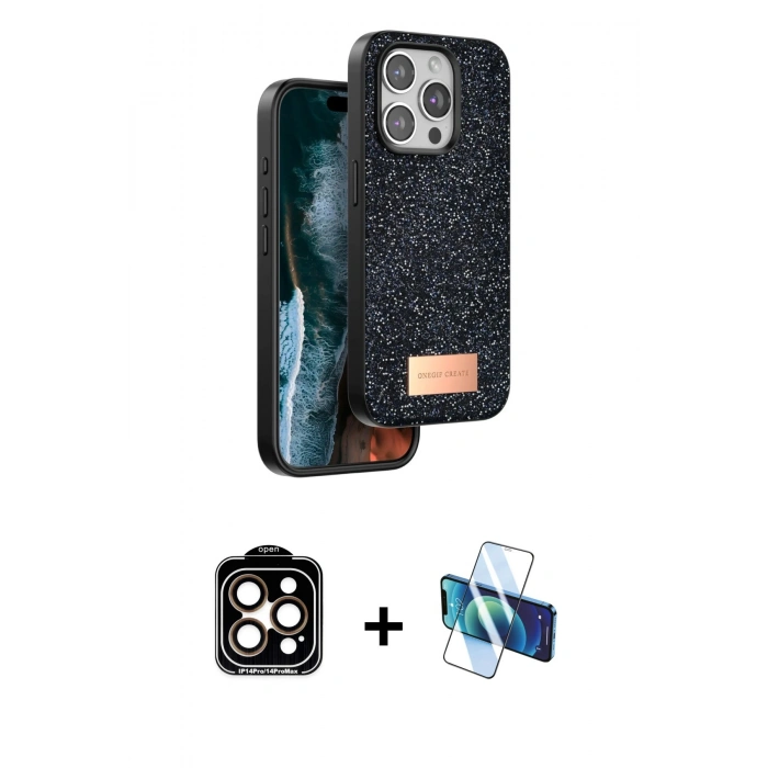 MARSİLYAN™- iPhone 15 Pro Max Kılıf Vadi Klasik Serisi - Siyah 3D Antistatik Seramik Nano Ekran Koruyucu + PVD Metal Kamera Lens - TU