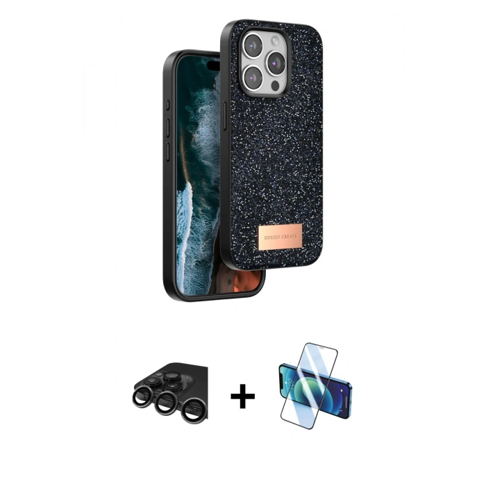 MARSİLYAN™- iPhone 15 Pro Max Kılıf Vadi Klasik Serisi - Siyah 3D Antistatik Seramik Nano Ekran Koruyucu + Raze Metal Kamera Lens - TMGI