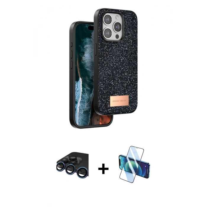 MARSİLYAN™- iPhone 15 Pro Max Kılıf Vadi Klasik Serisi - Siyah 3D Antistatik Seramik Nano Ekran Koruyucu + Raze Metal Kamera Lens - LT