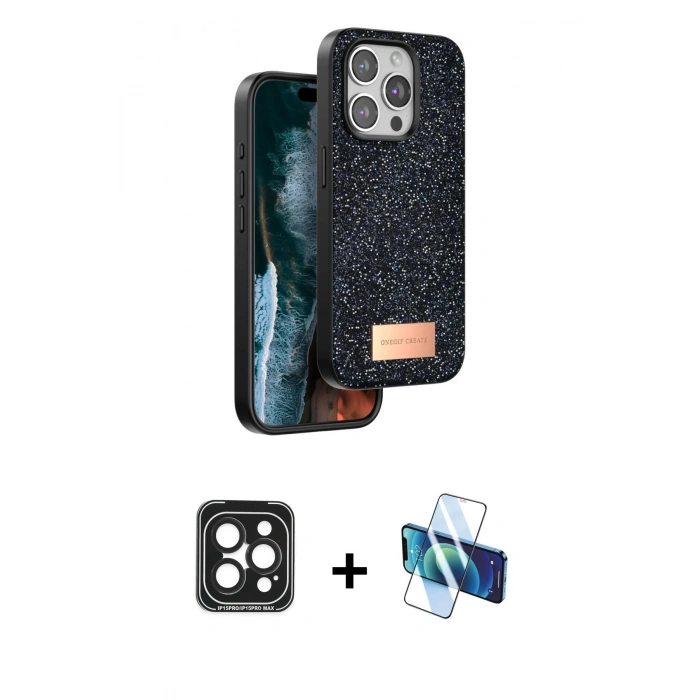 MARSİLYAN™- iPhone 15 Pro Max Kılıf Vadi Klasik Serisi - Siyah 3D Antistatik Seramik Nano Ekran Koruyucu + PVD Metal Kamera Lens - SH