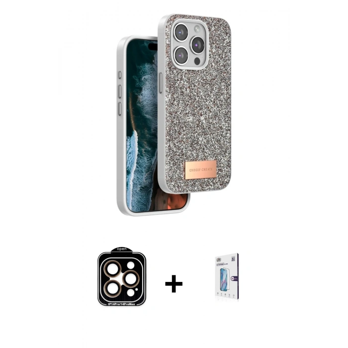 MARSİLYAN™- iPhone 15 Pro Max Kılıf Vadi Klasik Serisi - Siyah Bilvis 0.18mm Plus Cam Ekran Koruyucu + PVD Metal Kamera Lens - TU