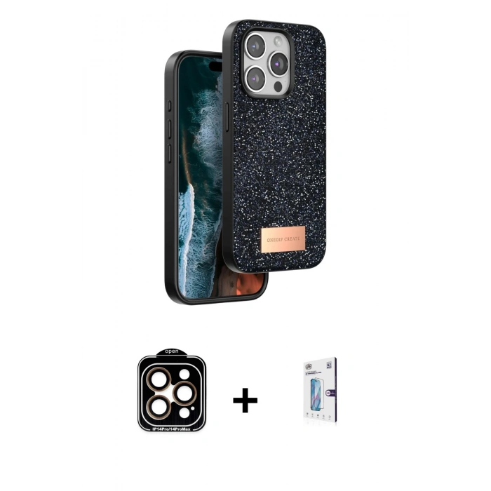 MARSİLYAN™- iPhone 15 Pro Max Kılıf Vadi Klasik Serisi - Siyah Bilvis 0.18mm Plus Cam Ekran Koruyucu + PVD Metal Kamera Lens - TU