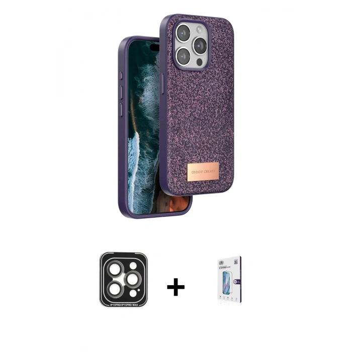 MARSİLYAN™- iPhone 15 Pro Max Kılıf Vadi Klasik Serisi - Siyah Bilvis 0.18mm Plus Cam Ekran Koruyucu + PVD Metal Kamera Lens - GI