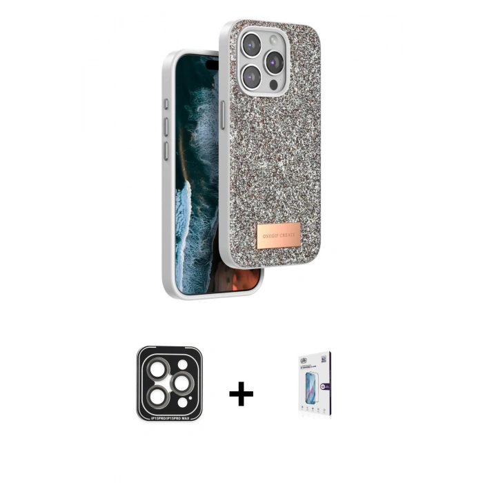 MARSİLYAN™- iPhone 15 Pro Max Kılıf Vadi Klasik Serisi - Siyah Bilvis 0.18mm Plus Cam Ekran Koruyucu + PVD Metal Kamera Lens - GI