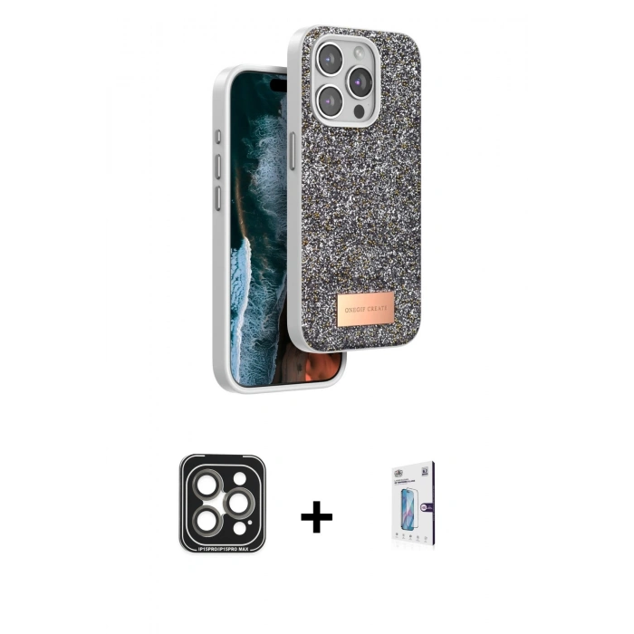 MARSİLYAN™- iPhone 15 Pro Max Kılıf Vadi Klasik Serisi - Siyah Bilvis 0.18mm Plus Cam Ekran Koruyucu + PVD Metal Kamera Lens - GI