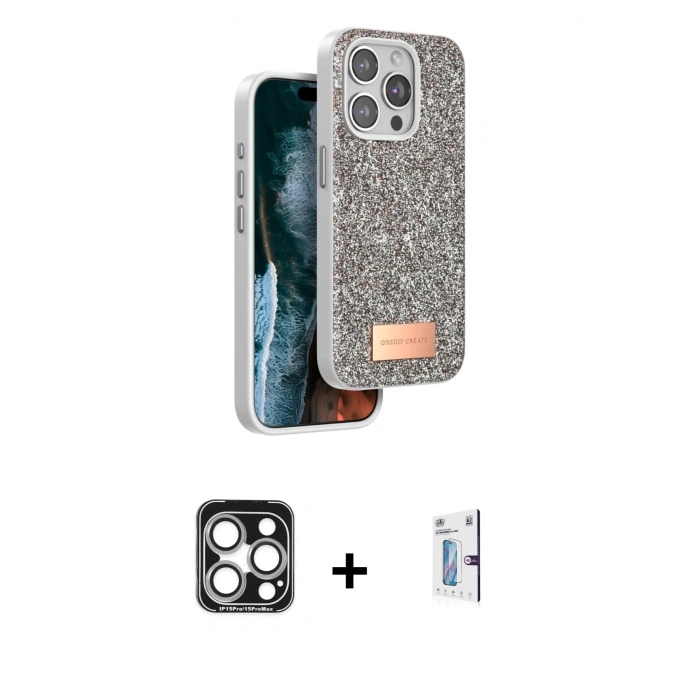 MARSİLYAN™- iPhone 15 Pro Max Kılıf Vadi Klasik Serisi - Siyah Bilvis 0.18mm Plus Cam Ekran Koruyucu + PVD Metal Kamera Lens - GS