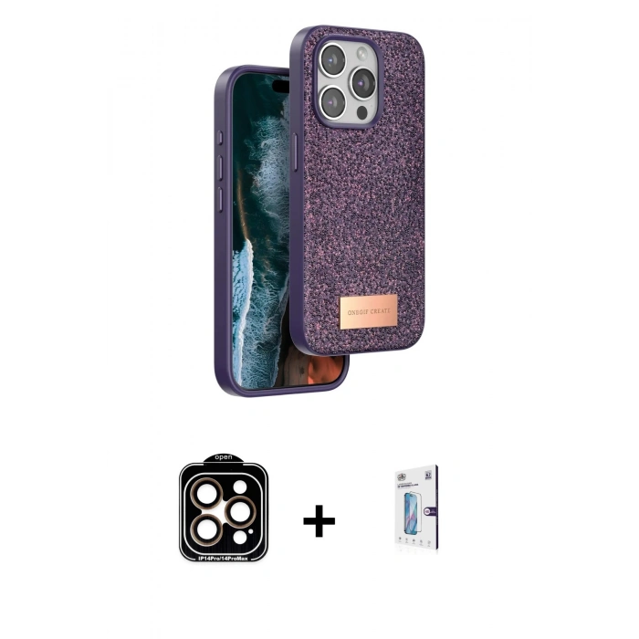 MARSİLYAN™- iPhone 15 Pro Max Kılıf Vadi Klasik Serisi - Siyah Bilvis 0.18mm Plus Cam Ekran Koruyucu + PVD Metal Kamera Lens - TU