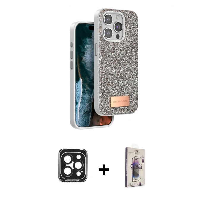 MARSİLYAN™- iPhone 15 Pro Max Kılıf Vadi Klasik Serisi - Siyah Bilvis 3D Cam Ekran Koruyucu + PVD Metal Kamera Lens - SH