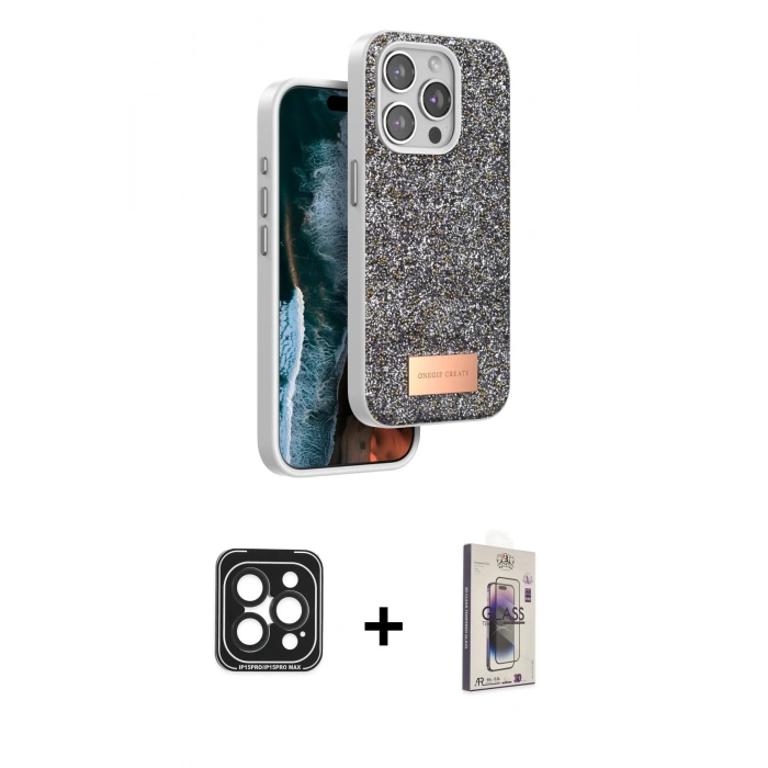 MARSİLYAN™- iPhone 15 Pro Max Kılıf Vadi Klasik Serisi - Siyah Bilvis 3D Cam Ekran Koruyucu + PVD Metal Kamera Lens - SH