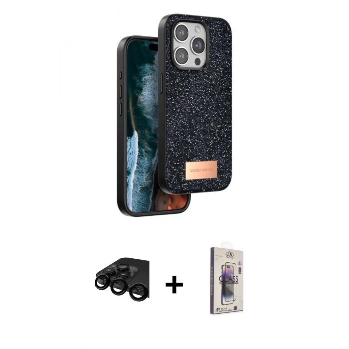 MARSİLYAN™- iPhone 15 Pro Max Kılıf Vadi Klasik Serisi - Siyah Bilvis 3D Cam Ekran Koruyucu + Raze Metal Kamera Lens - SH