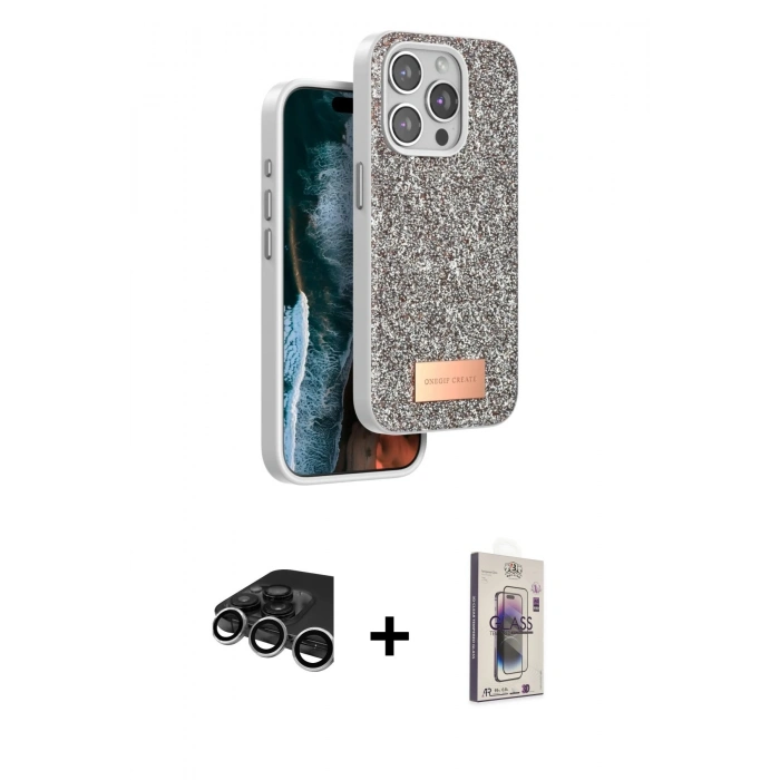 MARSİLYAN™- iPhone 15 Pro Max Kılıf Vadi Klasik Serisi - Siyah Bilvis 3D Cam Ekran Koruyucu + Raze Metal Kamera Lens - GS