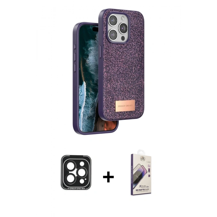 MARSİLYAN™- iPhone 15 Pro Max Kılıf Vadi Klasik Serisi - Siyah Bilvis 3D Mat Cam Ekran Koruyucu + PVD Metal Kamera Lens - SH