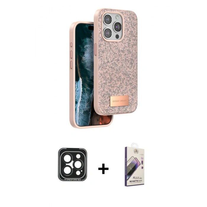 MARSİLYAN™- iPhone 15 Pro Max Kılıf Vadi Klasik Serisi - Siyah Bilvis 3D Mat Cam Ekran Koruyucu + PVD Metal Kamera Lens - SH