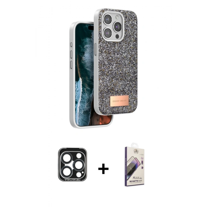 MARSİLYAN™- iPhone 15 Pro Max Kılıf Vadi Klasik Serisi - Siyah Bilvis 3D Mat Cam Ekran Koruyucu + PVD Metal Kamera Lens - LT