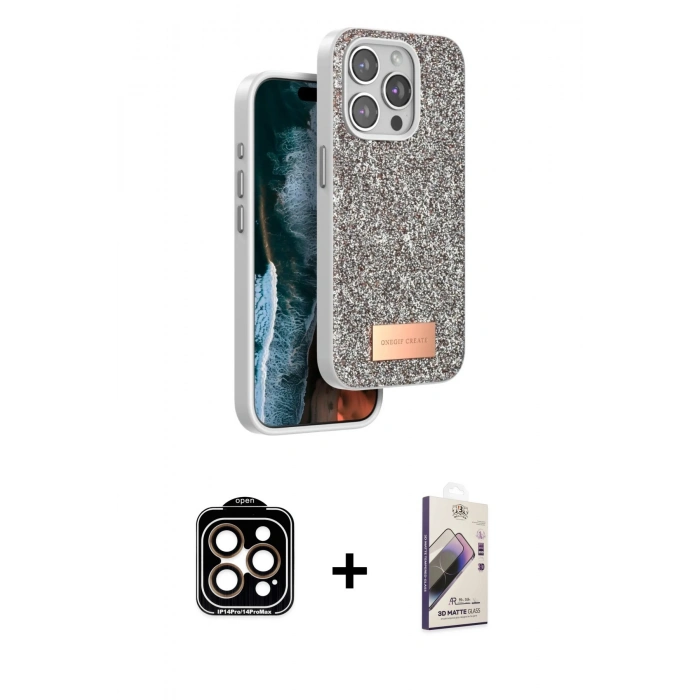 MARSİLYAN™- iPhone 15 Pro Max Kılıf Vadi Klasik Serisi - Siyah Bilvis 3D Mat Cam Ekran Koruyucu + PVD Metal Kamera Lens - TU