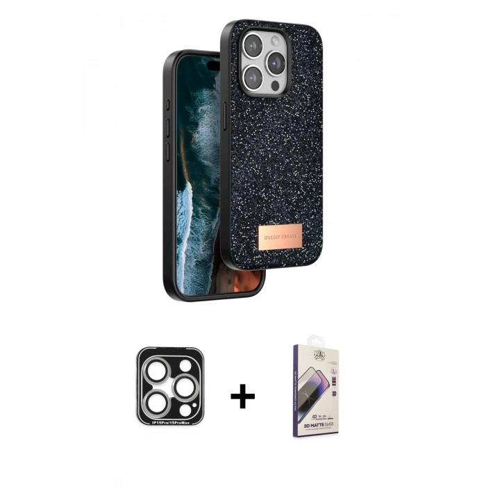 MARSİLYAN™- iPhone 15 Pro Max Kılıf Vadi Klasik Serisi - Siyah Bilvis 3D Mat Cam Ekran Koruyucu + PVD Metal Kamera Lens - GS
