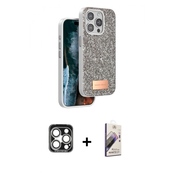 MARSİLYAN™- iPhone 15 Pro Max Kılıf Vadi Klasik Serisi - Siyah Bilvis 3D Mat Cam Ekran Koruyucu + PVD Metal Kamera Lens - GS