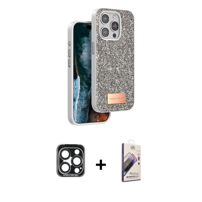 MARSİLYAN™- iPhone 15 Pro Max Kılıf Vadi Klasik Serisi - Siyah Bilvis 3D Mat Cam Ekran Koruyucu + PVD Metal Kamera Lens - LT