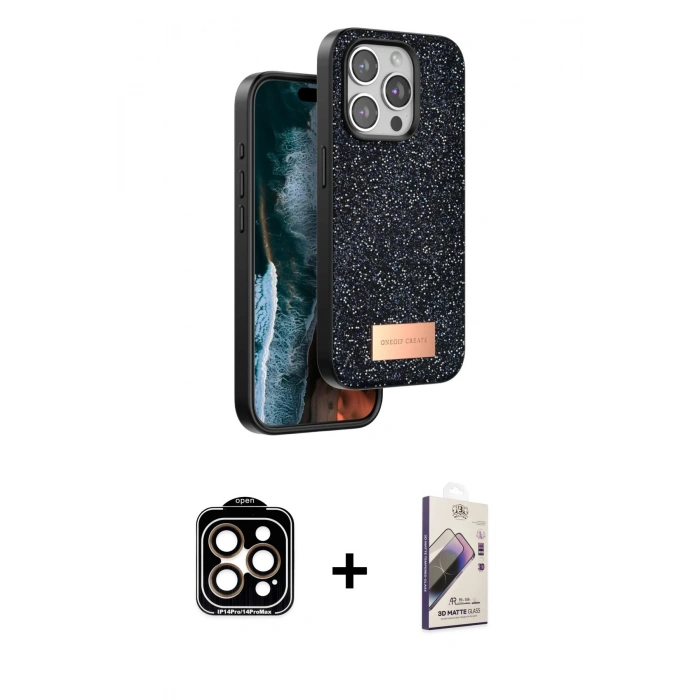 MARSİLYAN™- iPhone 15 Pro Max Kılıf Vadi Klasik Serisi - Siyah Bilvis 3D Mat Cam Ekran Koruyucu + PVD Metal Kamera Lens - TU